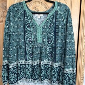 Vintage America Teal and Navy Patterned Blouse